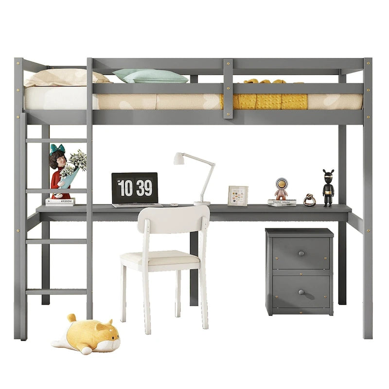 Lit mezzanine en bois gris pour jumeaux avec bureau, rangement et échelle