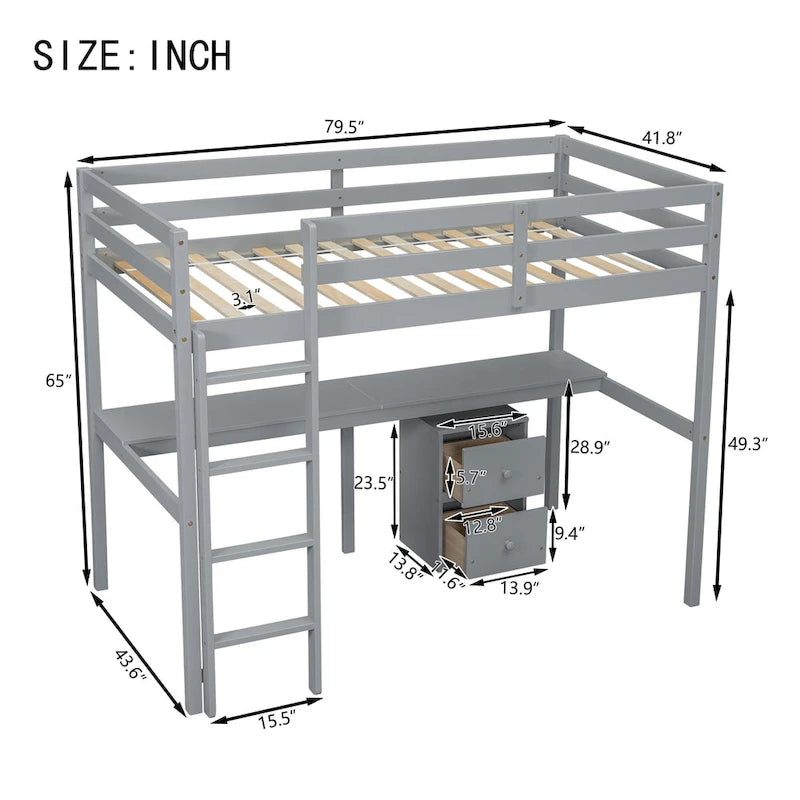 Lit mezzanine en bois gris pour jumeaux avec bureau, rangement et échelle
