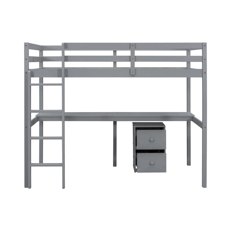 Lit mezzanine en bois gris pour jumeaux avec bureau, rangement et échelle