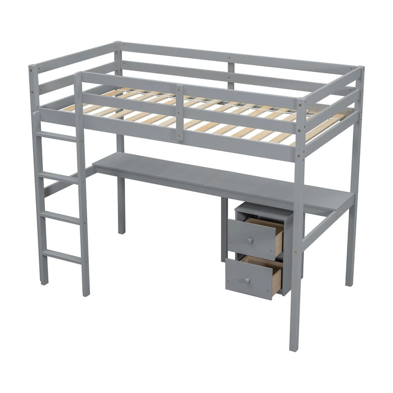 Lit mezzanine en bois gris pour jumeaux avec bureau, rangement et échelle