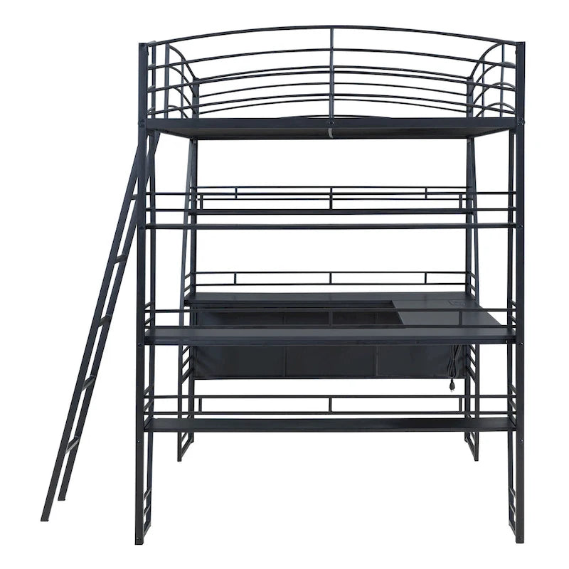 Lit mezzanine métallique pleine grandeur avec étagères, bureau en L, prises, ports USB, chargement sans fil
