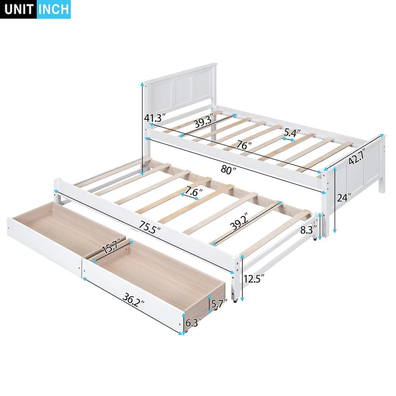 Lit plateforme Twin Pine avec lit gigogne et tiroirs