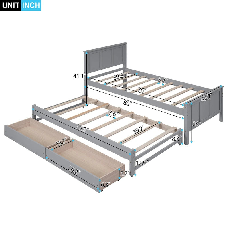 Lit plateforme Twin Pine avec lit gigogne et tiroirs
