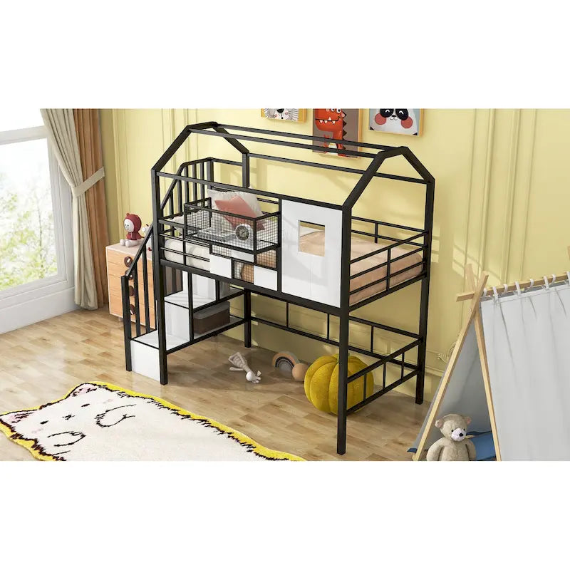 Lit mezzanine Twin Metal House avec toit, coffre de rangement et échelle