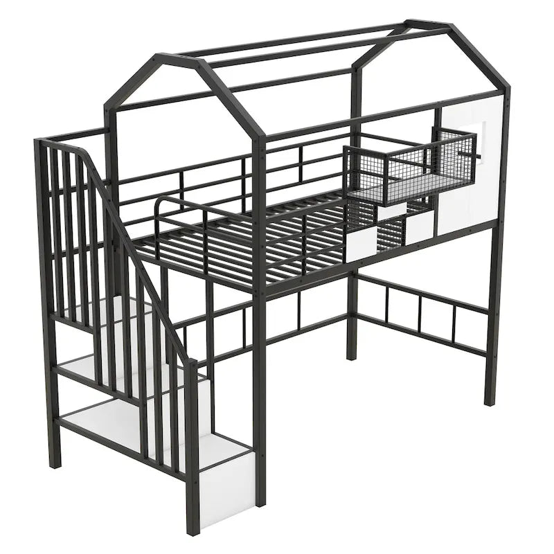 Lit mezzanine Twin Metal House avec toit, coffre de rangement et échelle