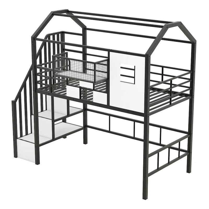 Lit mezzanine Twin Metal House avec toit, coffre de rangement et échelle