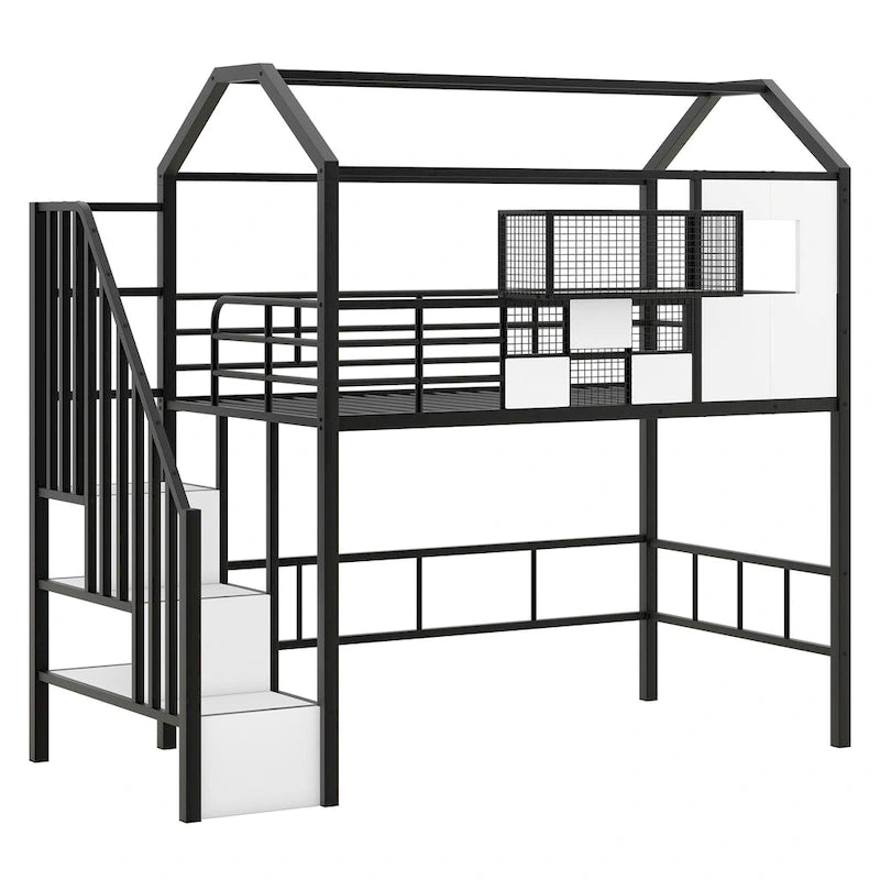 Lit mezzanine Twin Metal House avec toit, coffre de rangement et échelle
