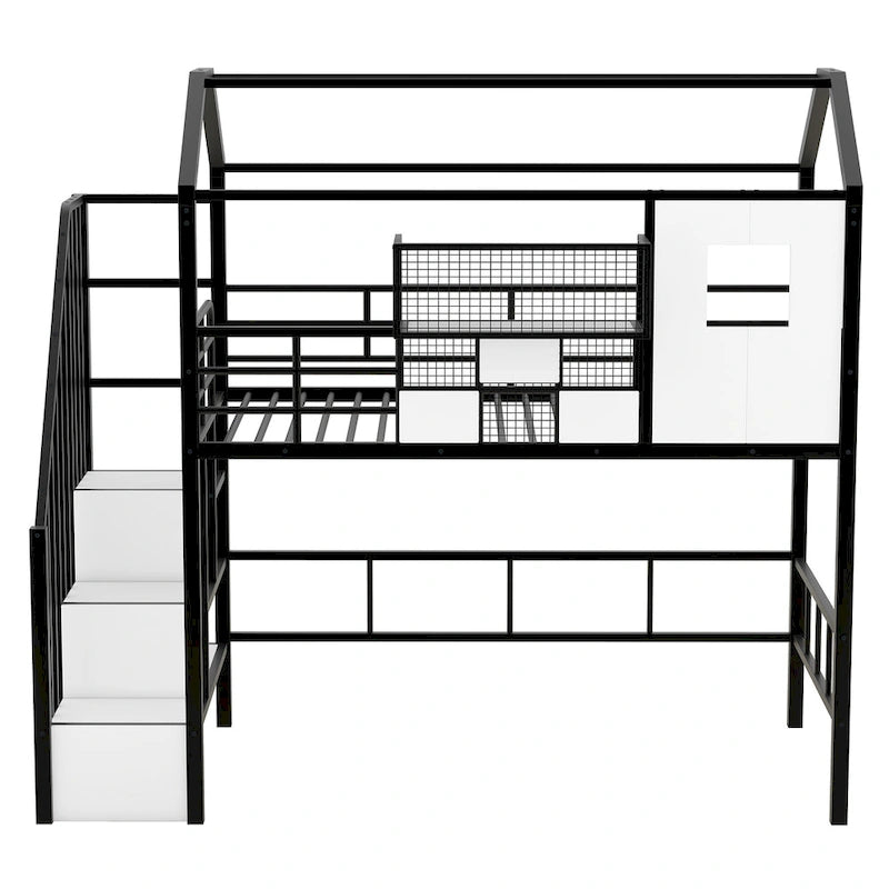 Lit mezzanine Twin Metal House avec toit, coffre de rangement et échelle