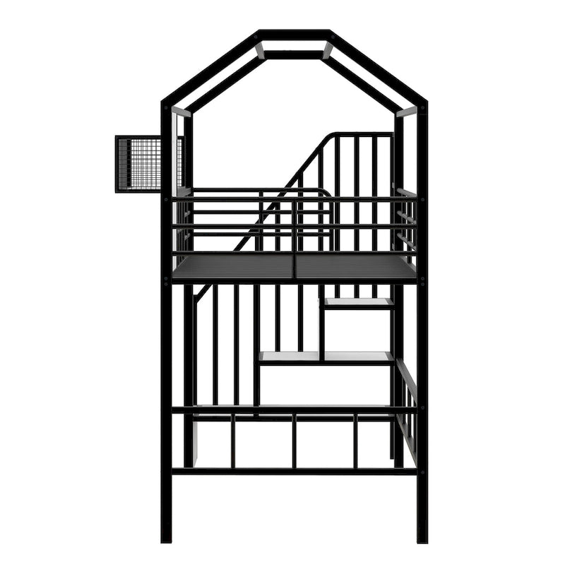 Lit mezzanine Twin Metal House avec toit, coffre de rangement et échelle