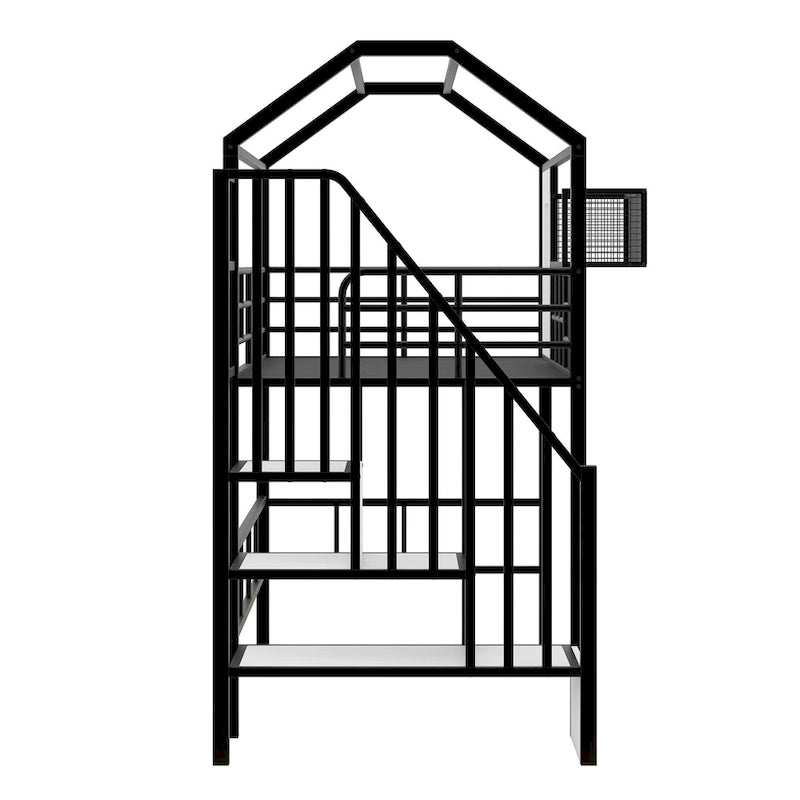 Lit mezzanine Twin Metal House avec toit, coffre de rangement et échelle
