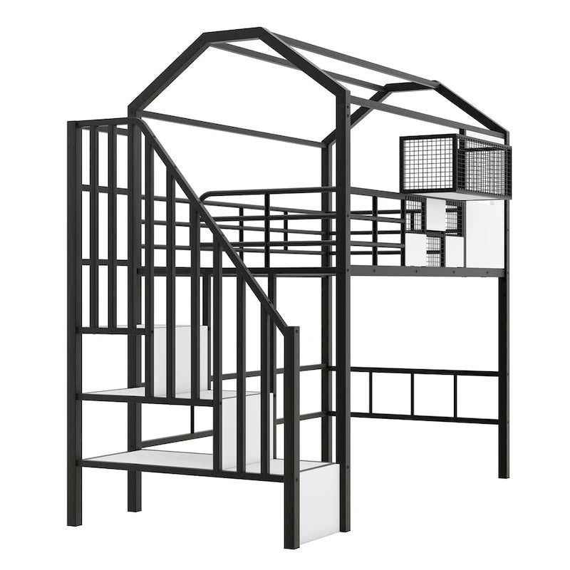 Lit mezzanine Twin Metal House avec toit, coffre de rangement et échelle