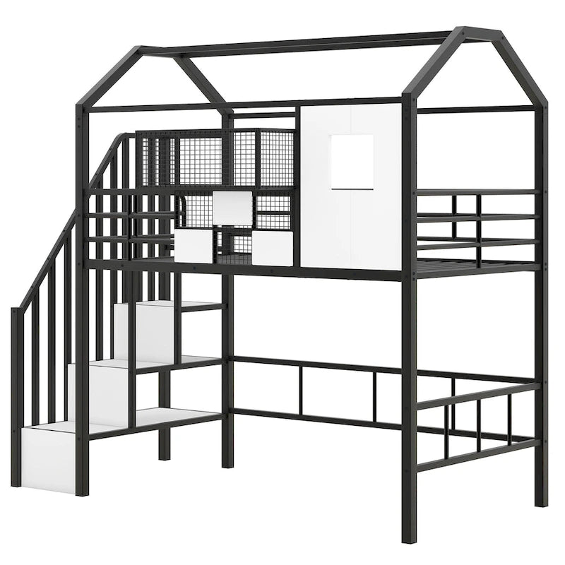 Lit mezzanine Twin Metal House avec toit, coffre de rangement et échelle