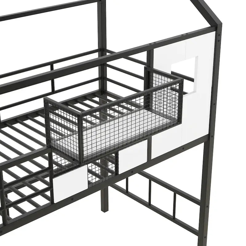 Lit mezzanine Twin Metal House avec toit, coffre de rangement et échelle