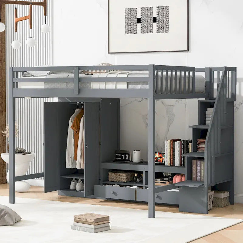 Lit mezzanine gris en bois massif avec armoire et table de rangement
