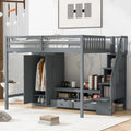 Lit mezzanine gris en bois massif avec armoire et table de rangement