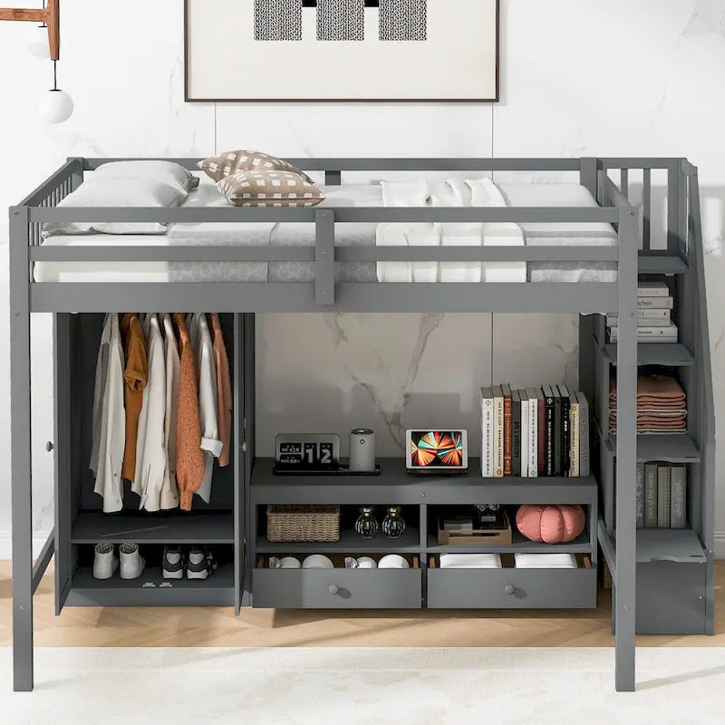 Lit mezzanine gris en bois massif avec armoire et table de rangement