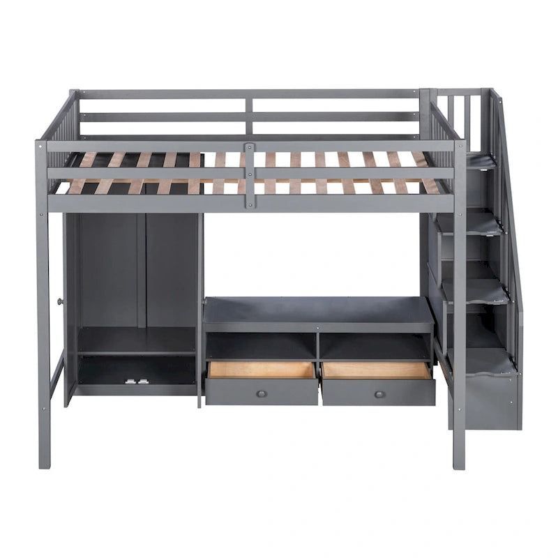 Lit mezzanine gris en bois massif avec armoire et table de rangement