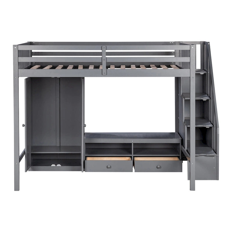 Lit mezzanine gris en bois massif avec armoire et table de rangement