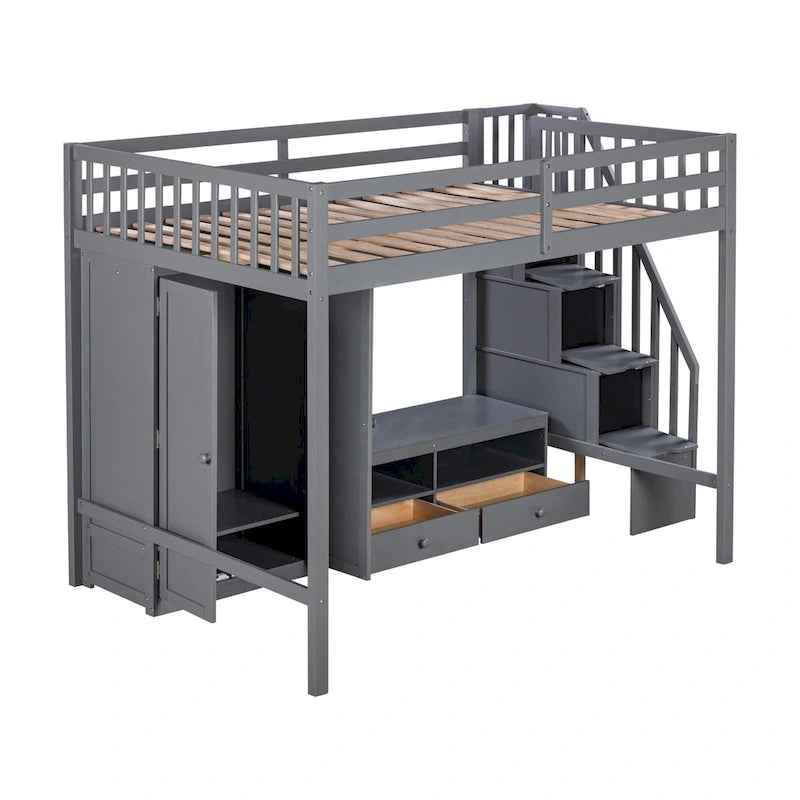 Lit mezzanine gris en bois massif avec armoire et table de rangement