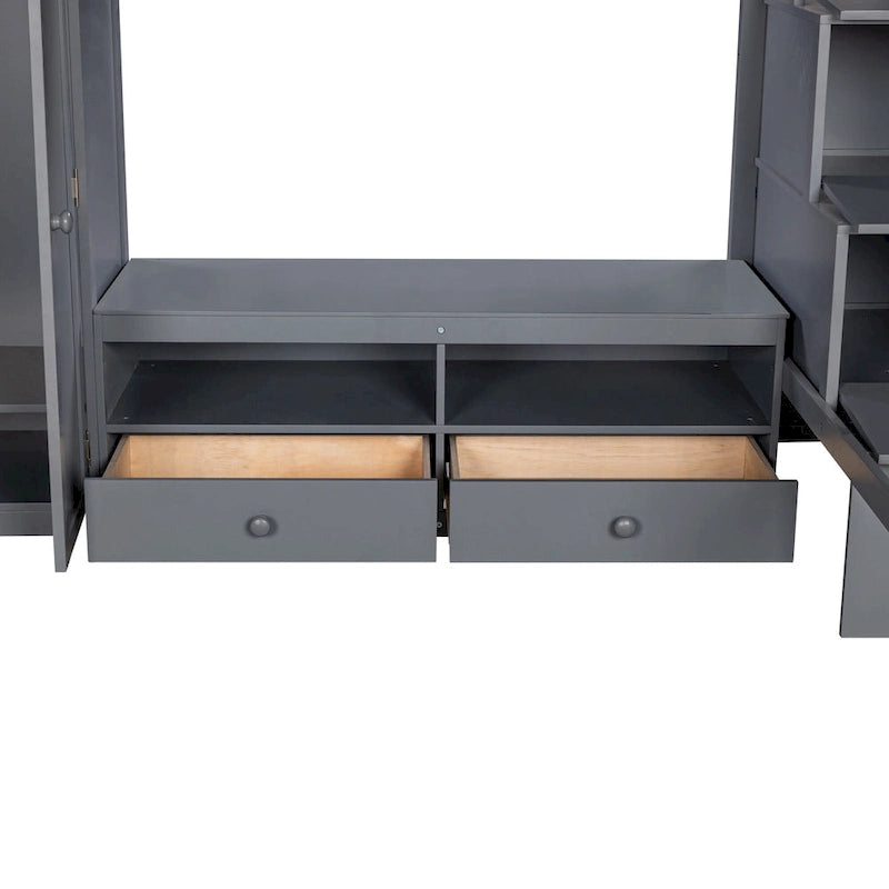 Lit mezzanine gris en bois massif avec armoire et table de rangement