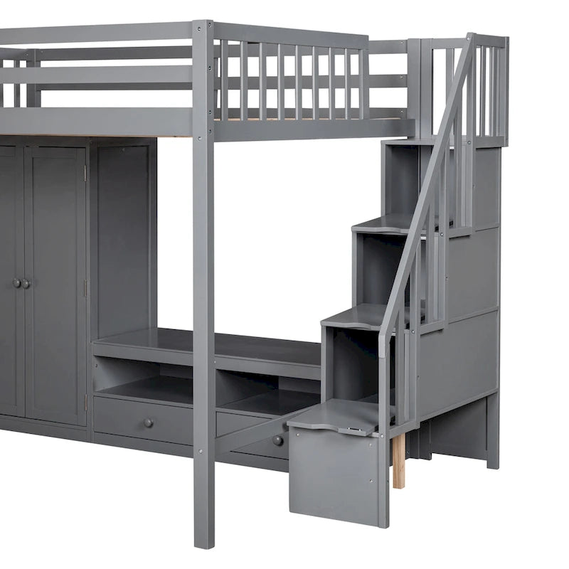 Lit mezzanine gris en bois massif avec armoire et table de rangement