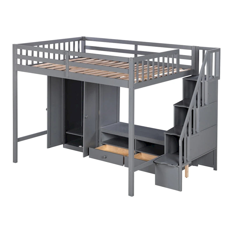 Lit mezzanine gris en bois massif avec armoire et table de rangement