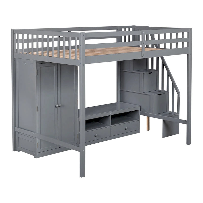 Lit mezzanine gris en bois massif avec armoire et table de rangement