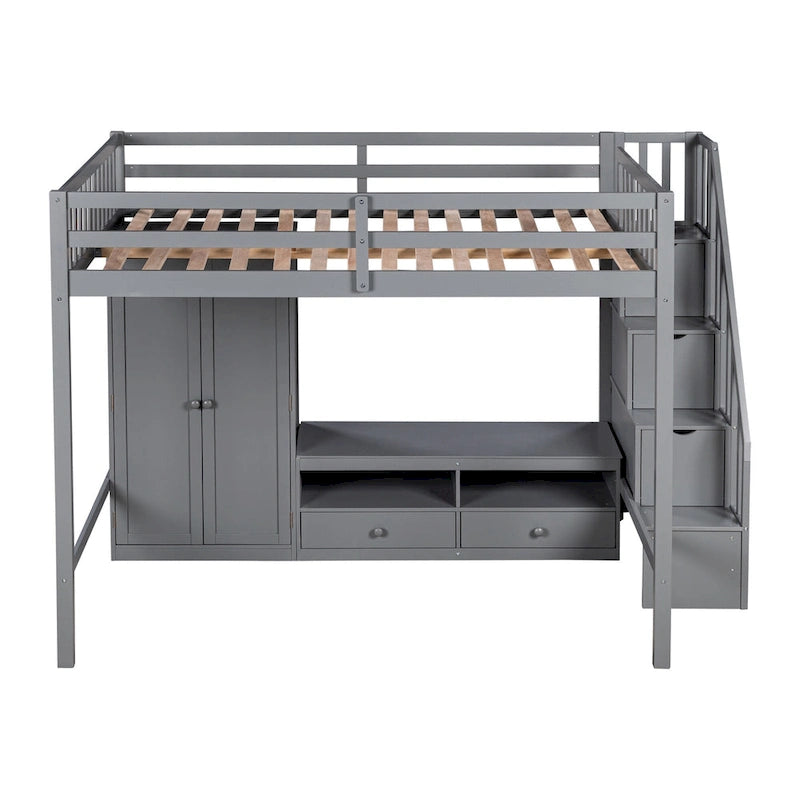 Lit mezzanine gris en bois massif avec armoire et table de rangement