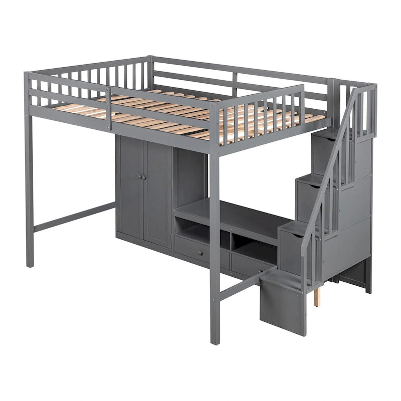 Lit mezzanine gris en bois massif avec armoire et table de rangement