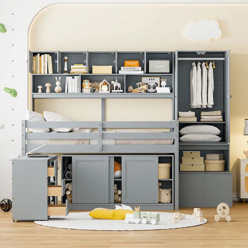 Lit mezzanine double en bois gris avec armoire et bureau intégrés