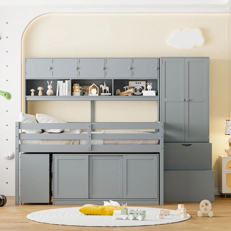 Lit mezzanine double en bois gris avec armoire et bureau intégrés