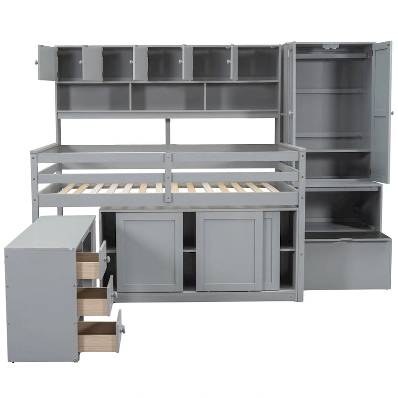 Lit mezzanine double en bois gris avec armoire et bureau intégrés