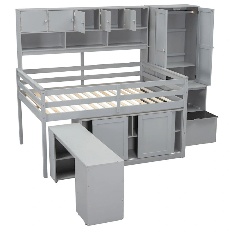 Lit mezzanine double en bois gris avec armoire et bureau intégrés