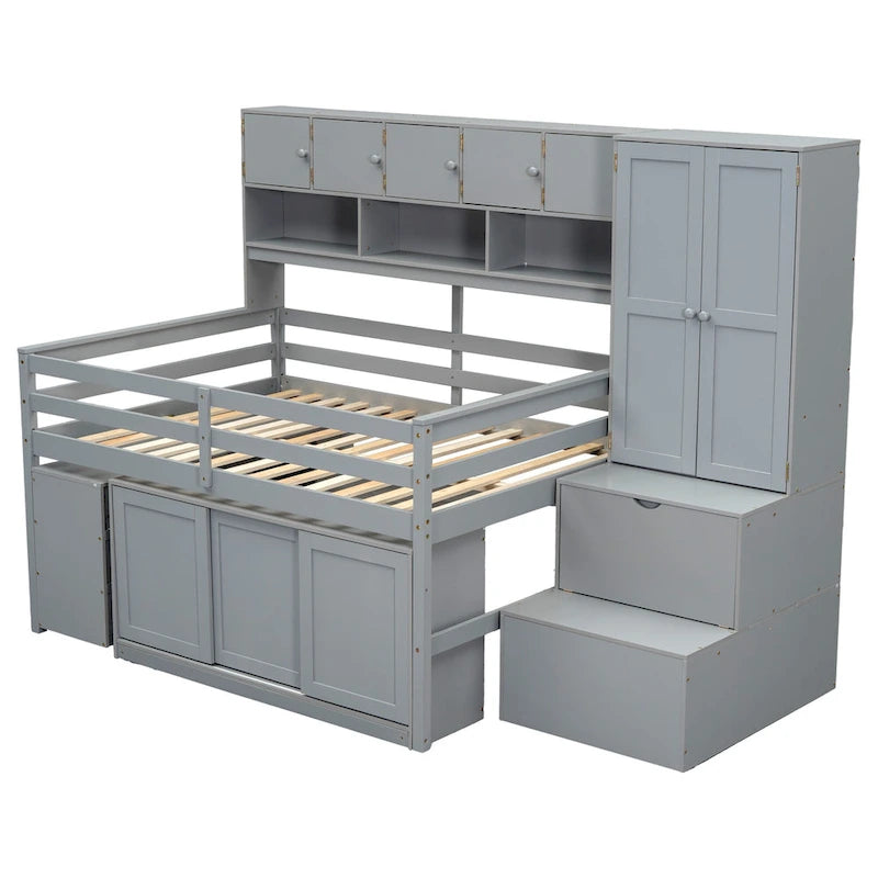 Lit mezzanine double en bois gris avec armoire et bureau intégrés