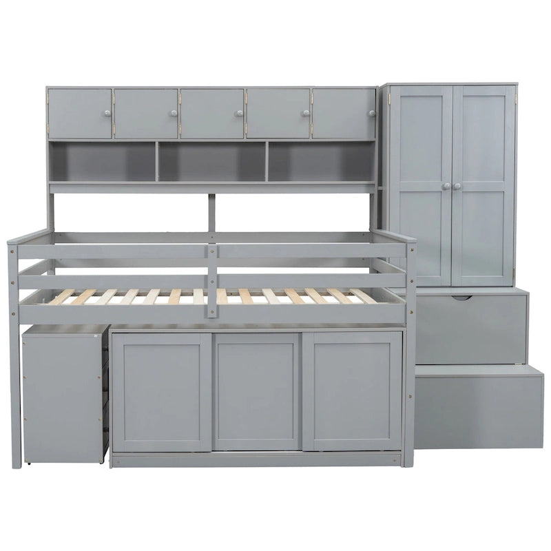 Lit mezzanine double en bois gris avec armoire et bureau intégrés