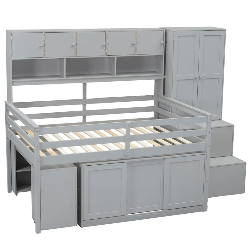 Lit mezzanine double en bois gris avec armoire et bureau intégrés
