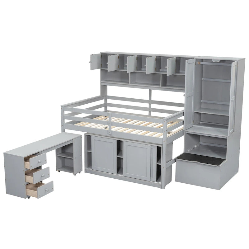Lit mezzanine double en bois gris avec armoire et bureau intégrés