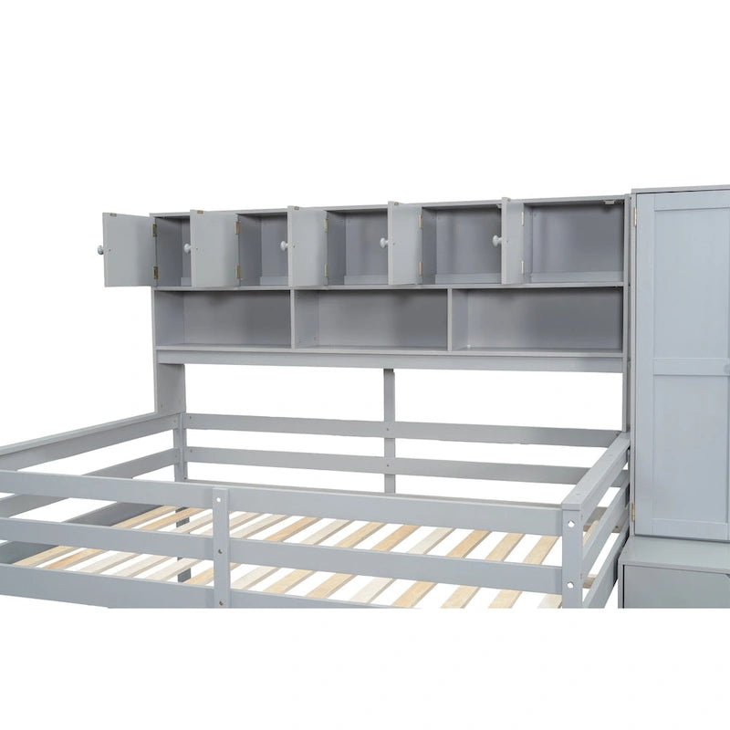 Lit mezzanine double en bois gris avec armoire et bureau intégrés