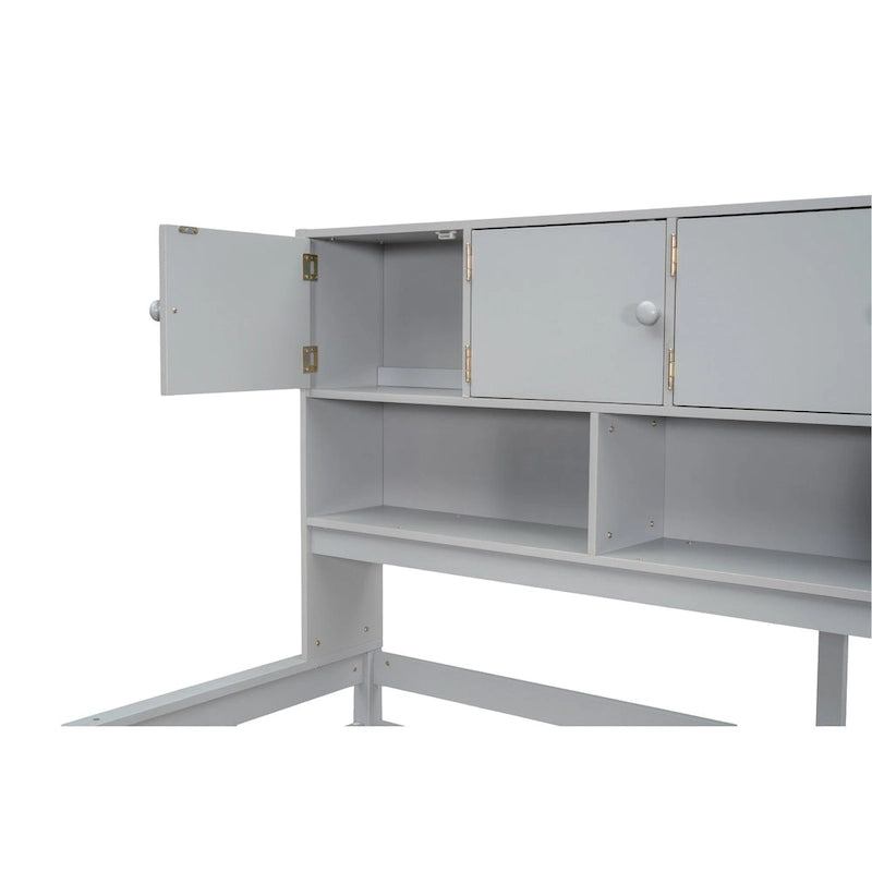 Lit mezzanine double en bois gris avec armoire et bureau intégrés