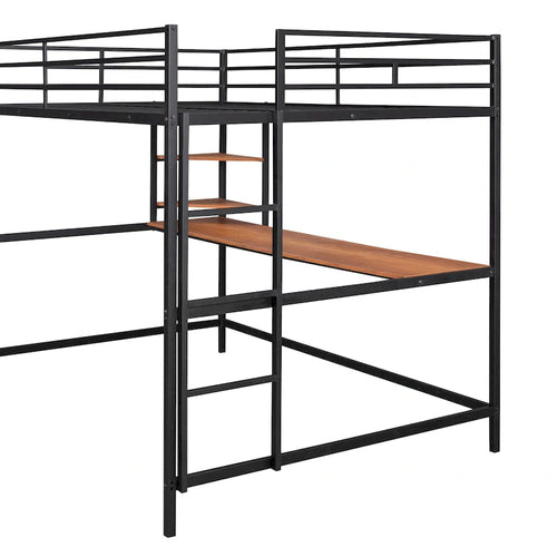 Lit mezzanine noir en métal pleine grandeur avec bureau, échelle et étagère