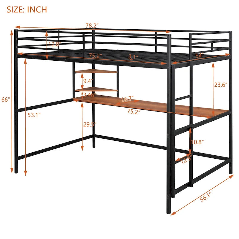 Lit mezzanine noir en métal pleine grandeur avec bureau, échelle et étagère
