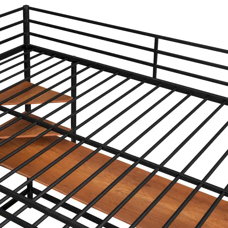 Lit mezzanine noir en métal pleine grandeur avec bureau, échelle et étagère