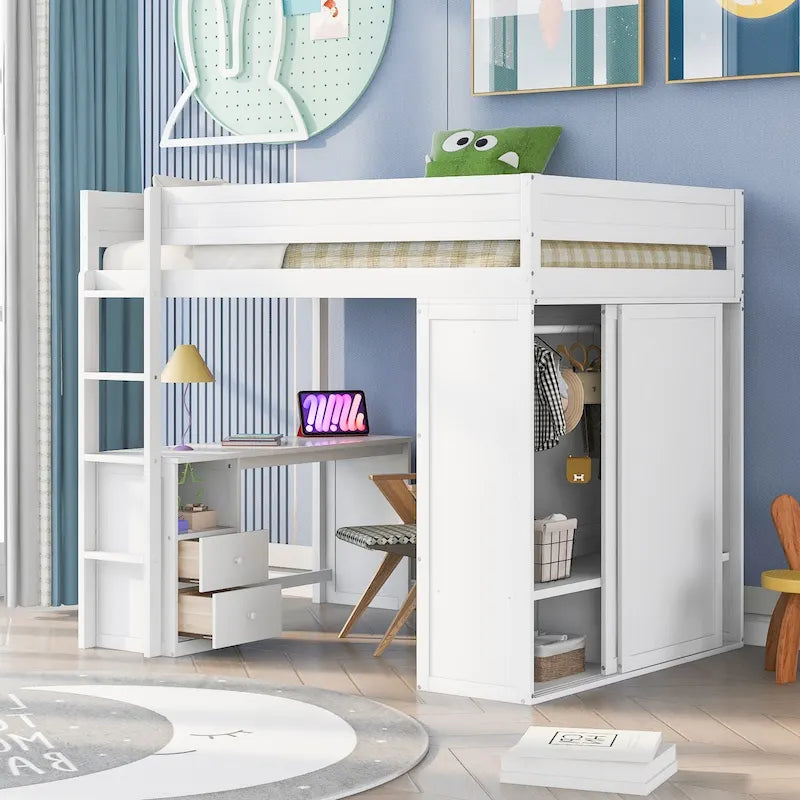 Lit mezzanine en pin complet avec armoires et bureau