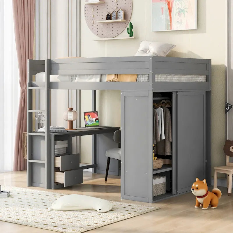 Lit mezzanine en pin complet avec armoires et bureau