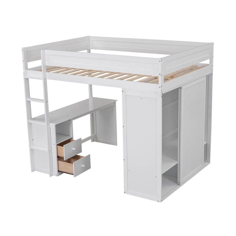 Lit mezzanine en pin complet avec armoires et bureau