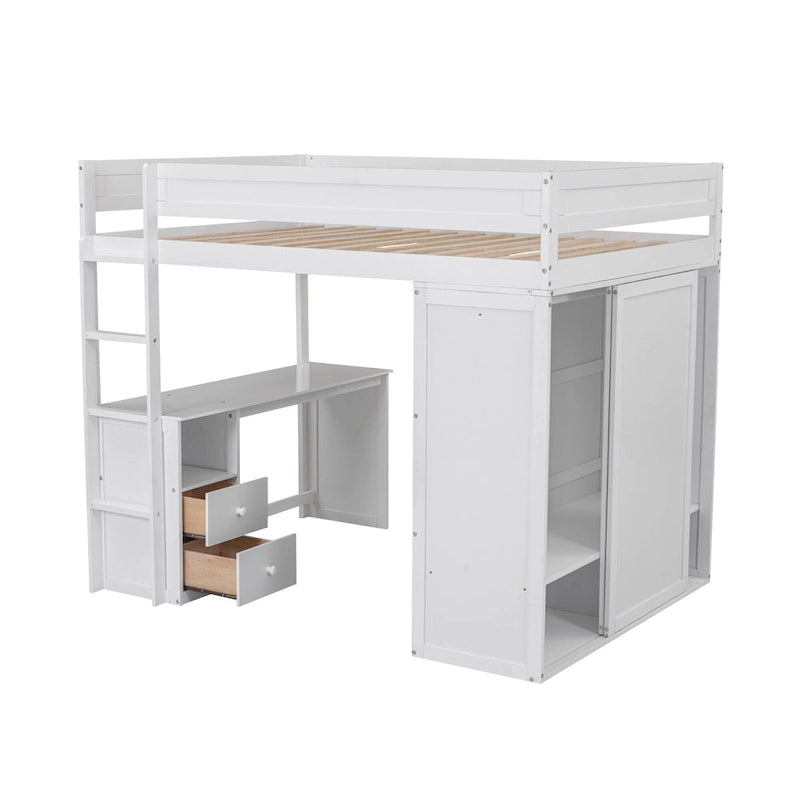 Lit mezzanine en pin complet avec armoires et bureau