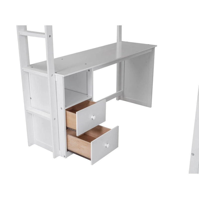 Lit mezzanine en pin complet avec armoires et bureau