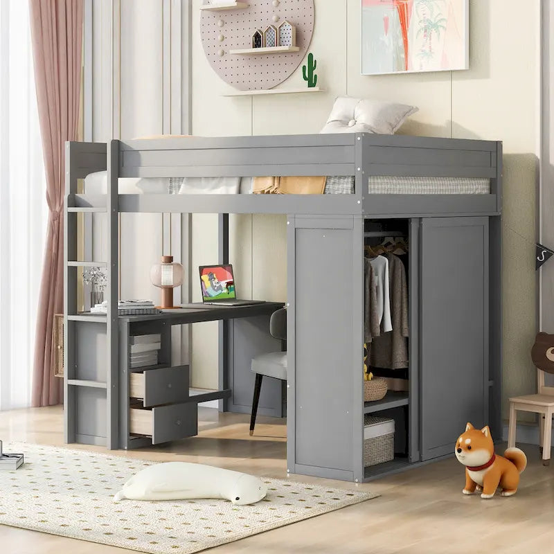Lit mezzanine en pin complet avec armoires et bureau