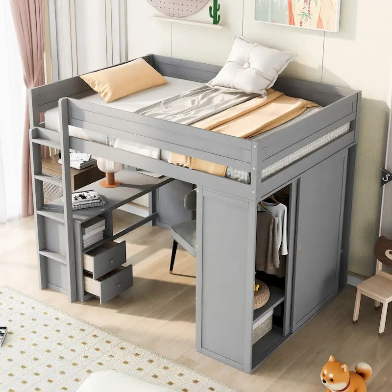 Lit mezzanine en pin complet avec armoires et bureau