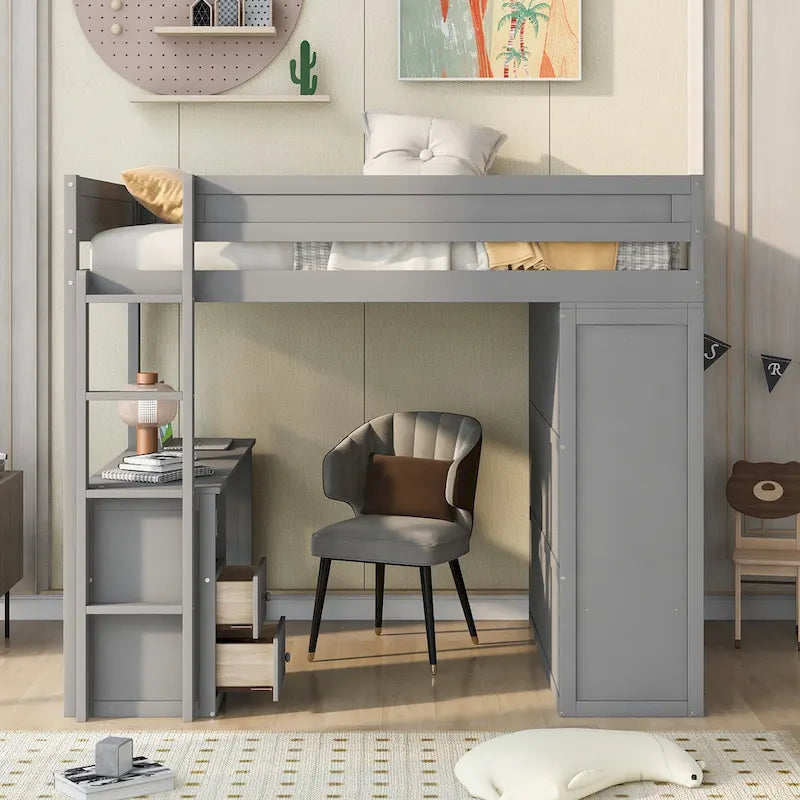 Lit mezzanine en pin complet avec armoires et bureau